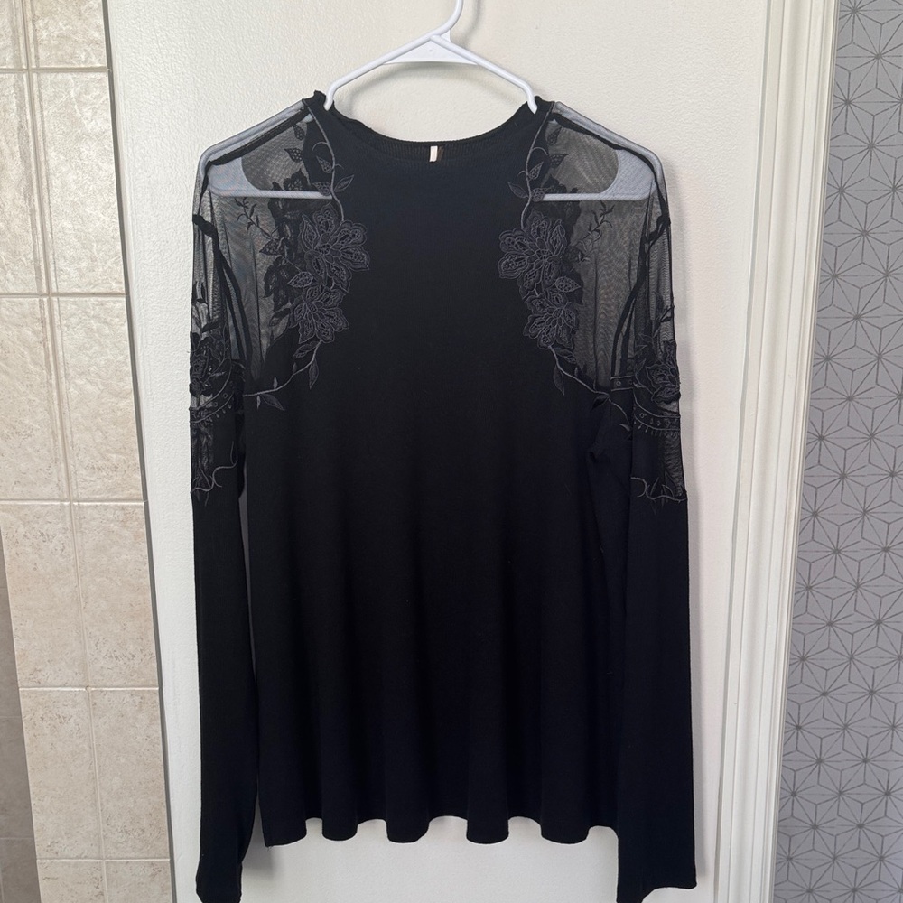 Free People Black Sheer Floral Top